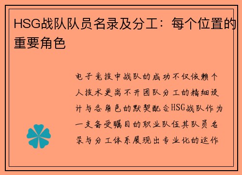 HSG战队队员名录及分工：每个位置的重要角色